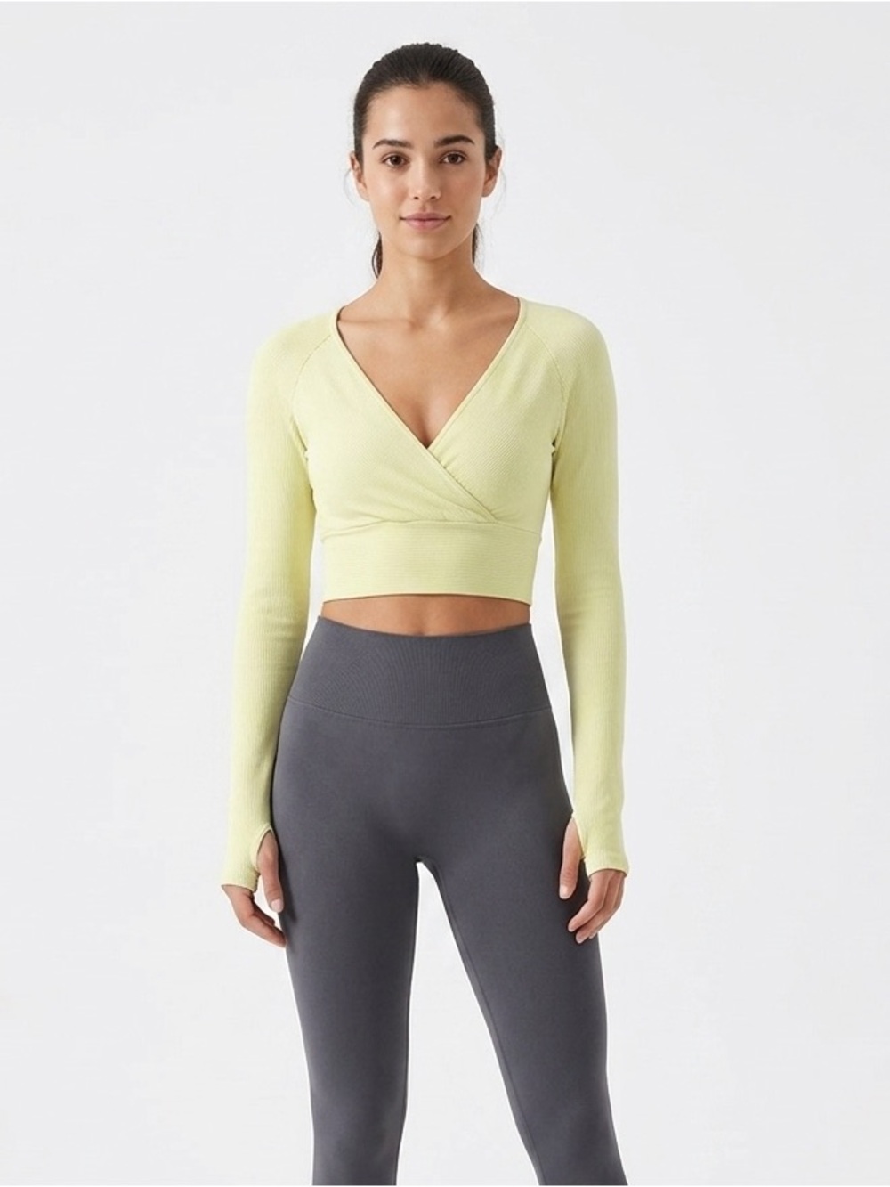 Ribbed Long Sleeve Wrap Crop Top Pastel Thumbholes Size S Yoga Sporty Dance